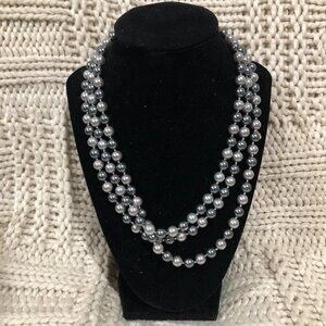 Long RMN Faux Pearl Knotted Necklace silver tone 60 Inch
